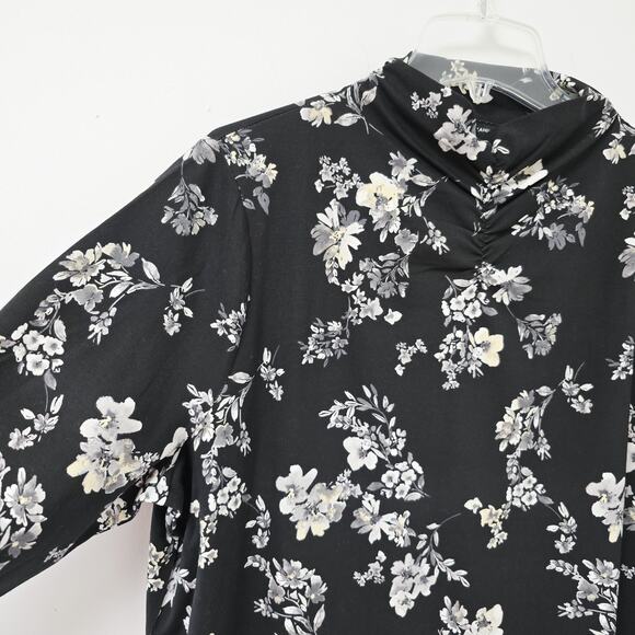 Isaac Mizrahi Live Top 1X Printed Floral Black Mock Neck Shirred 3/4 Slv Stretch - Picture 6 of 11